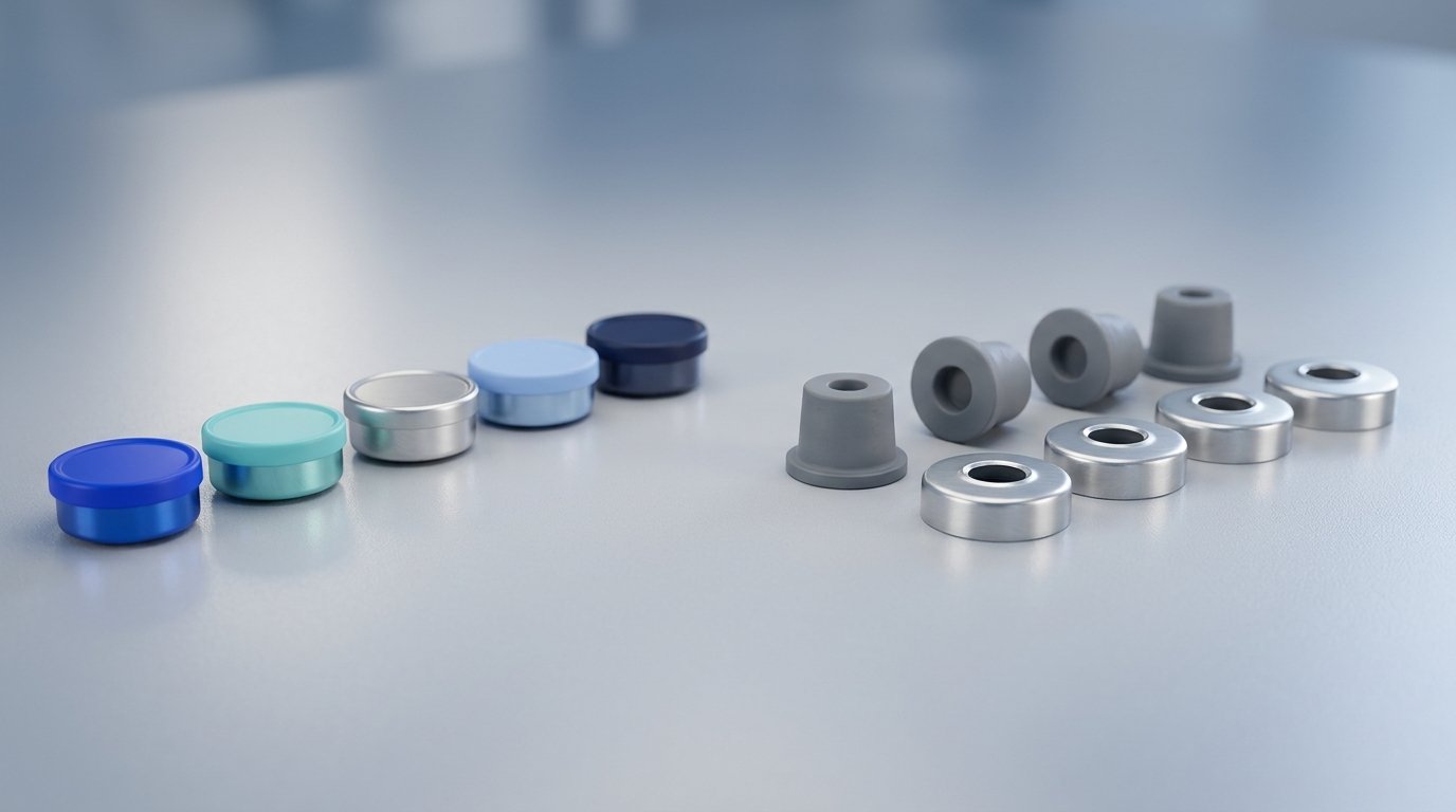 Aluminium-plastic vial caps and rubber stoppers arranged for a closure supplier comparison
