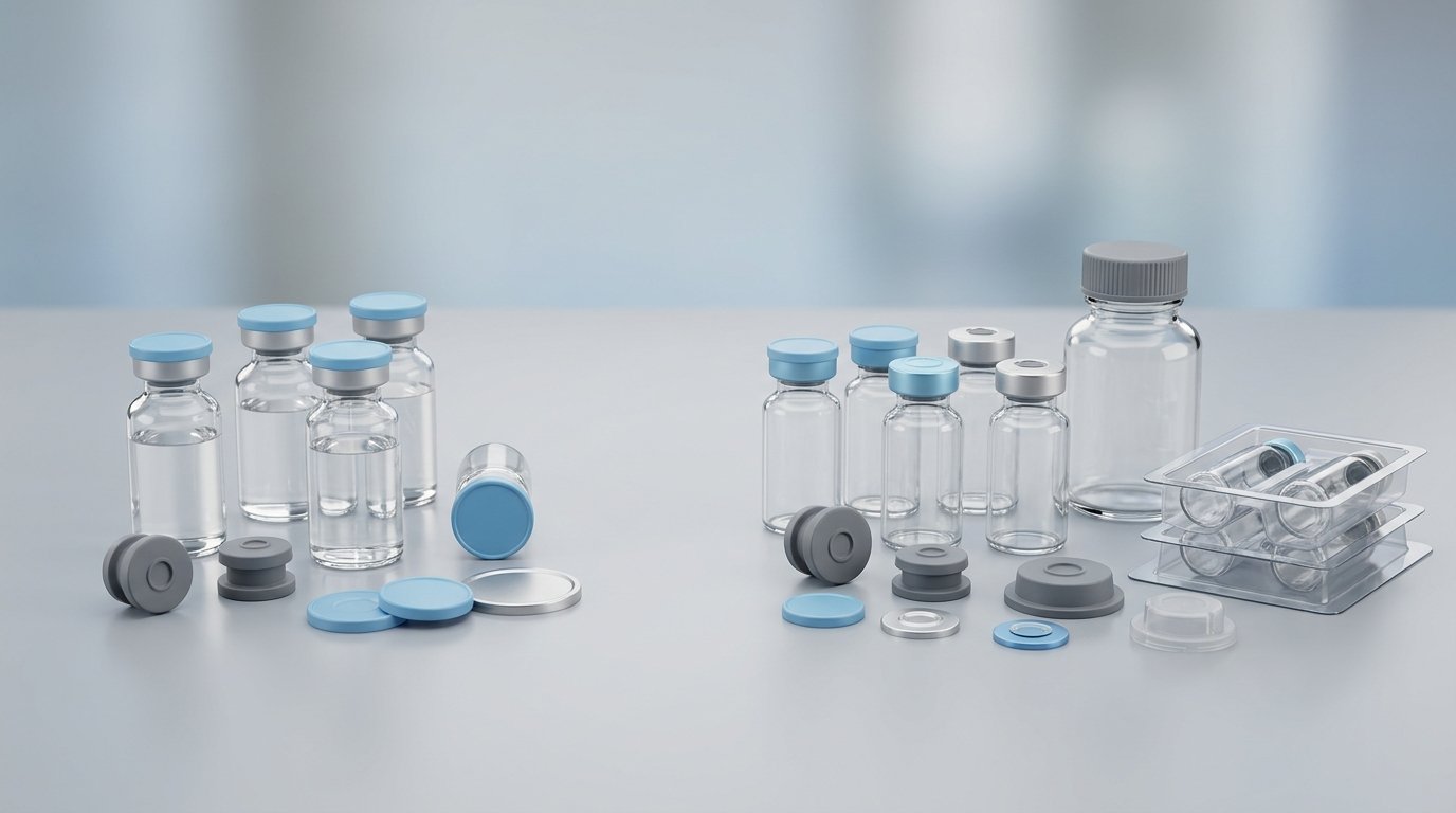 Two sets of pharmaceutical vial closure components arranged for a supplier comparison