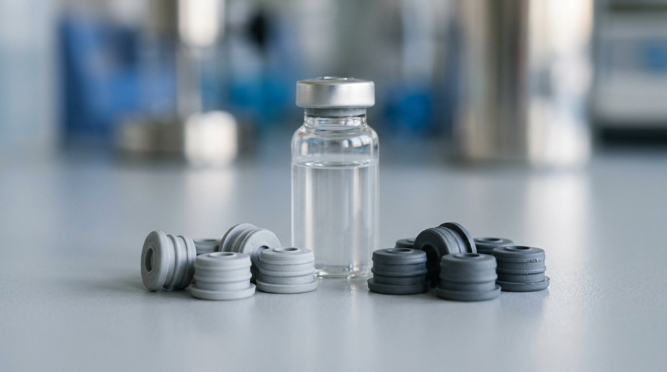 Chlorobutyl and bromobutyl rubber vial stoppers beside a sealed glass vial