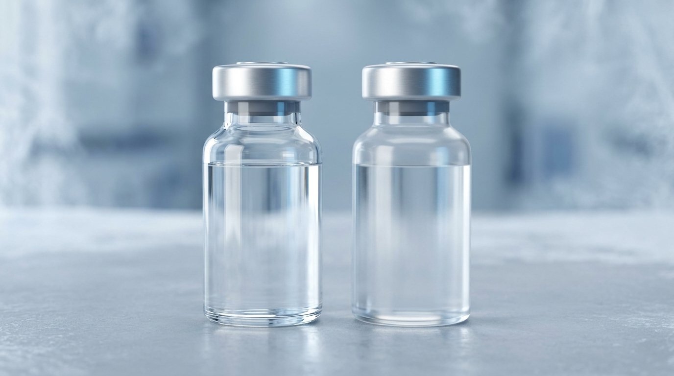 A glass vial and a polymer vial, both closed with a stopper and crimped aluminium seal