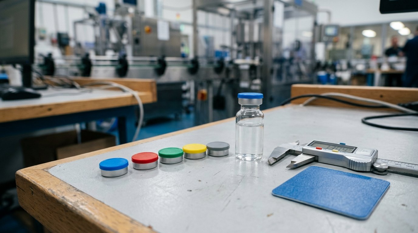 Custom-coloured flip-off vial seal prototypes beside a crimped vial and caliper, for a custom vial seal quote