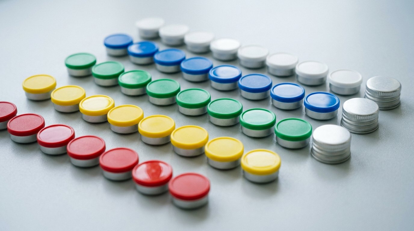 Custom pharma seals: flip-off vial seals in several colours and finishes with embossed aluminium, beside pilfer-proof caps