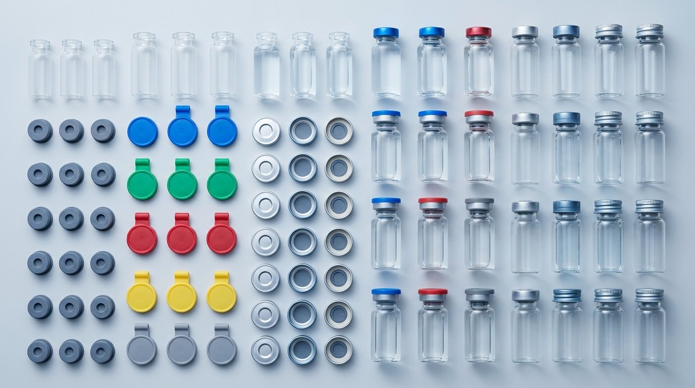 Vial seals, stoppers, sealed vials and pilfer-proof caps arranged together for the vial seal FAQ hub