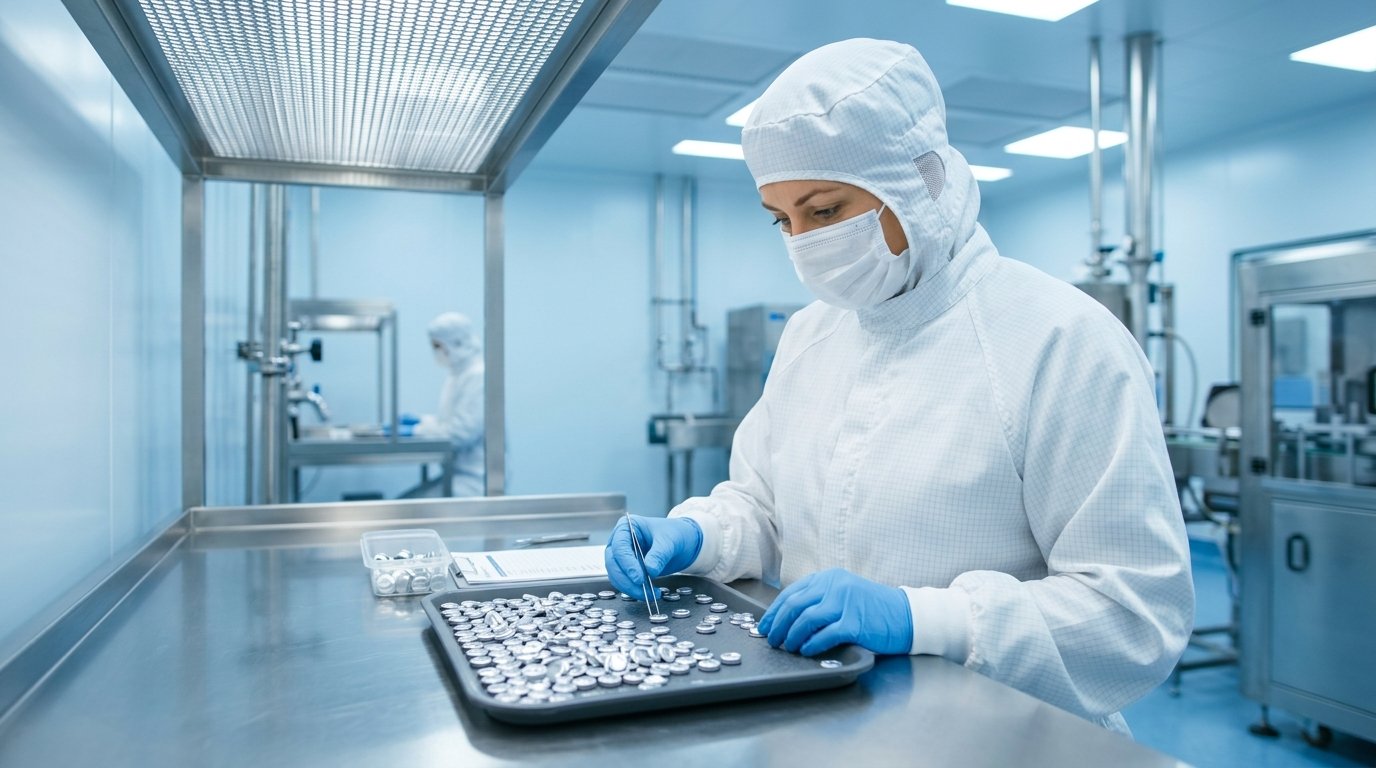 Quality inspector checking aluminium vial seals in a cleanroom under an ISO 15378 quality system