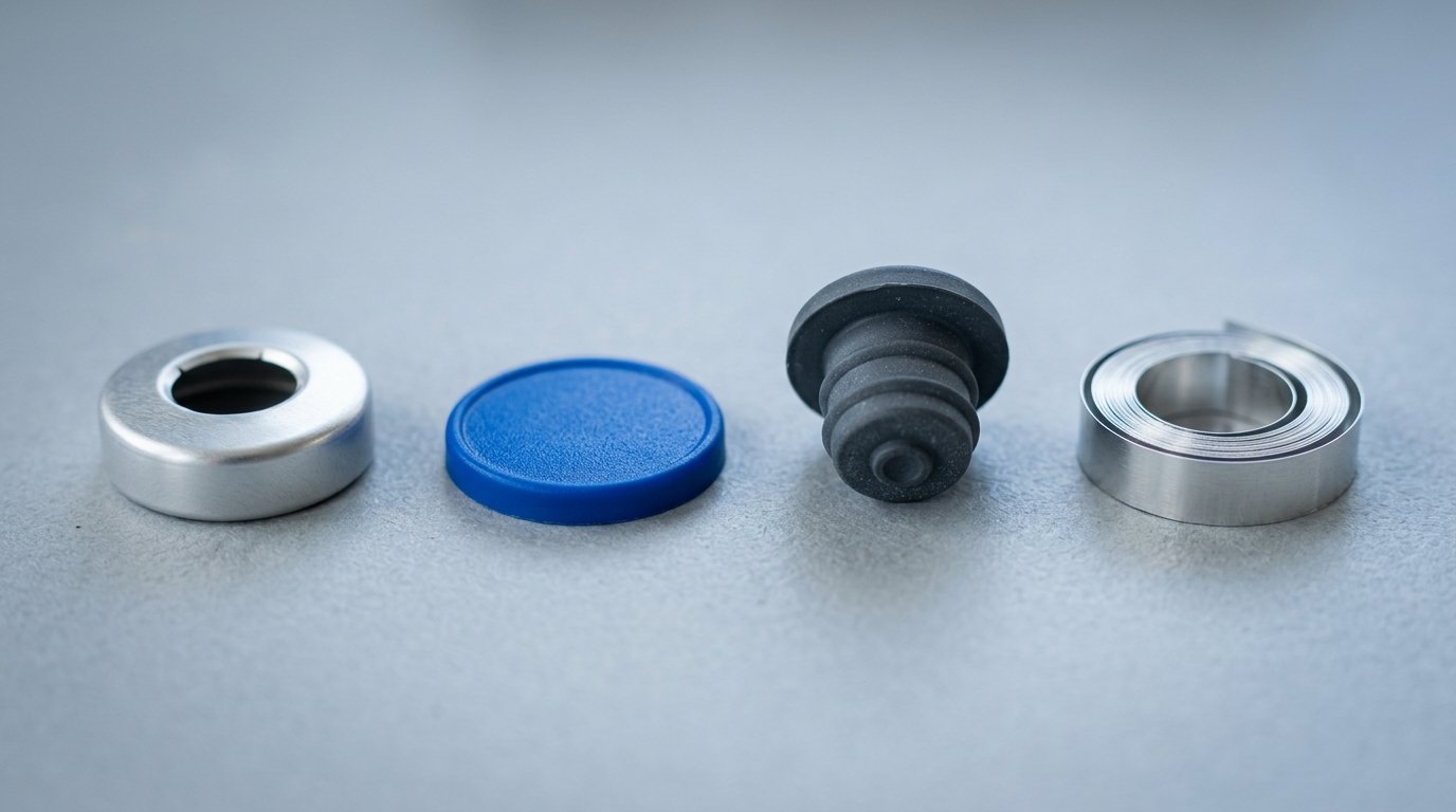 Aluminium shell, polypropylene disc and rubber stopper, the materials of a vial seal