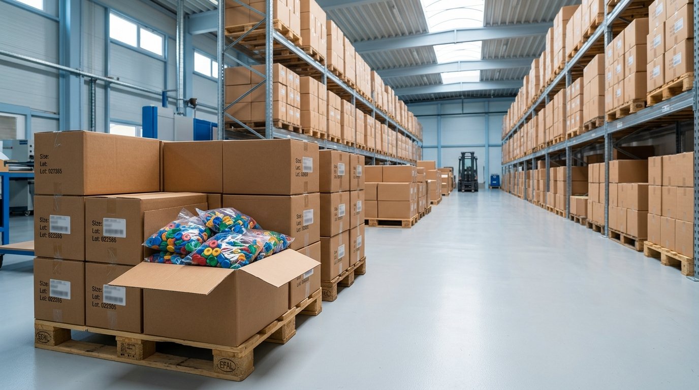 Stacked boxes of vial seals in a warehouse, illustrating vial seal MOQ and lead times