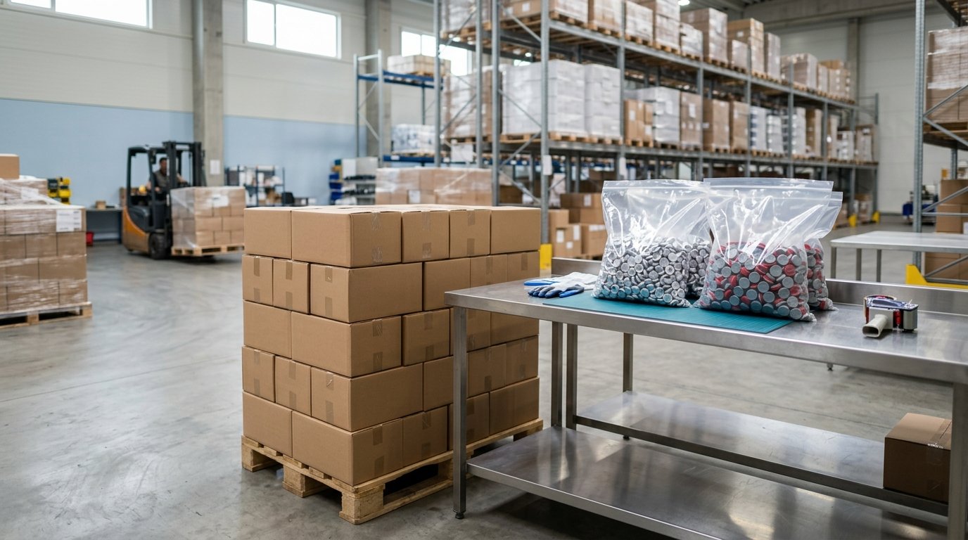 Double-bagged vial seals and shipper boxes ready for dispatch, for vial seal ordering questions