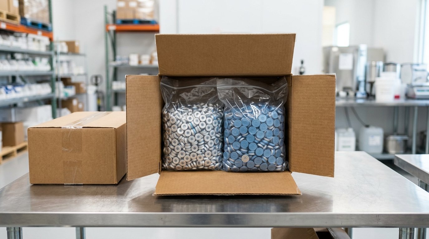 Opened corrugated box with bagged flip-off vial seals, showing Autofits vial seal packaging