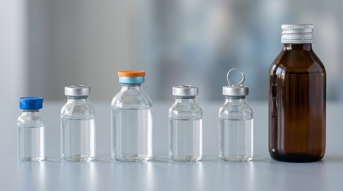 Pharmaceutical sealing solutions: vials with flip-off, tear-off and pull-ring seals beside a syrup bottle with a pilfer-proof cap