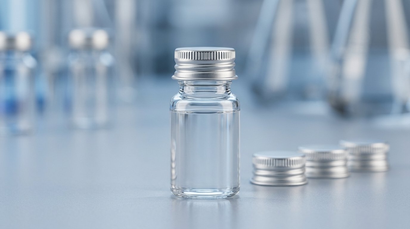 22mm aluminium ROPP pilfer-proof cap on a small glass bottle beside loose unused caps