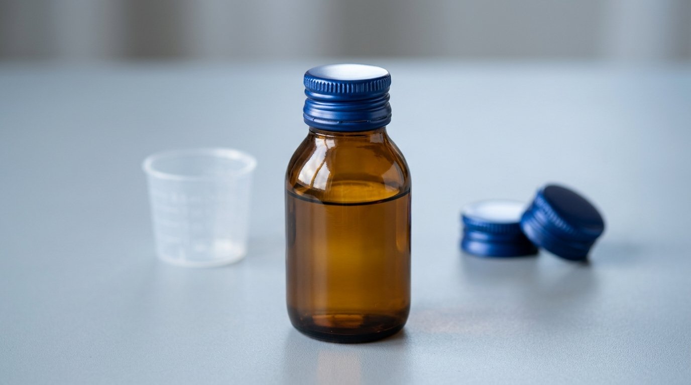 25mm aluminium ROPP pilfer-proof cap in blue on a small amber glass pharmaceutical bottle