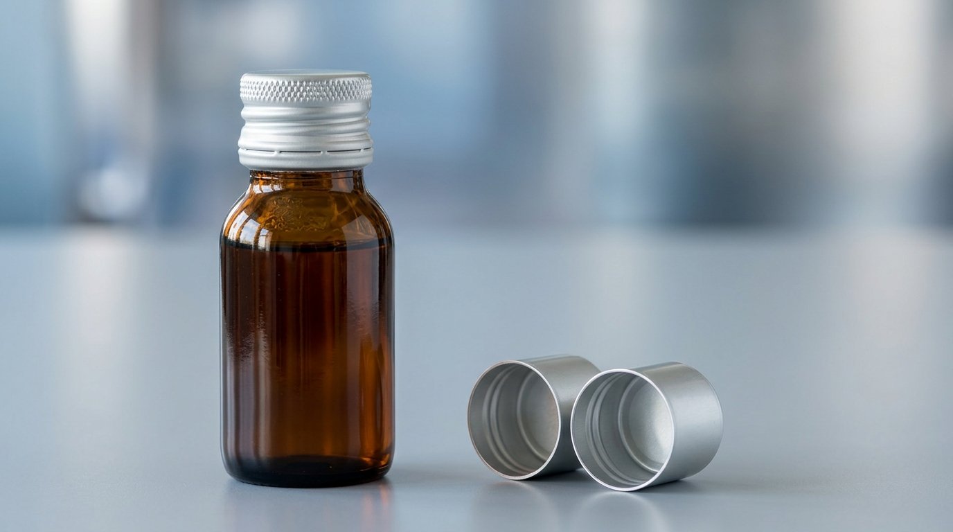 28mm aluminium ROPP pilfer-proof cap rolled onto an amber glass syrup bottle, with two unused caps beside it