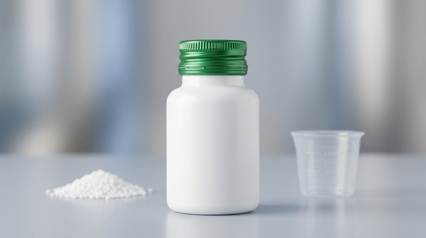 35mm aluminium ROPP pilfer-proof cap on a larger wide-neck pharmaceutical bottle for dry syrup