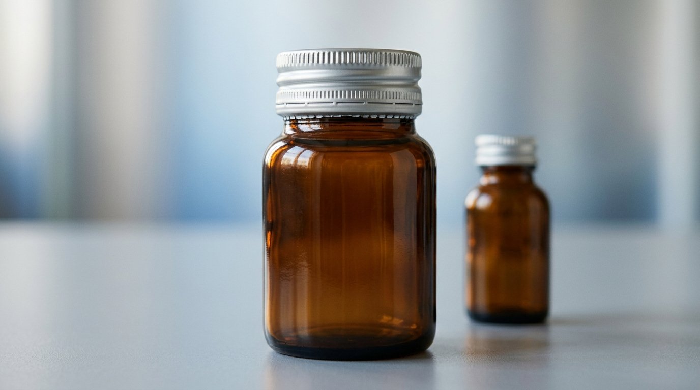 38mm aluminium ROPP pilfer-proof cap on a large wide-mouth amber glass pharmaceutical bottle