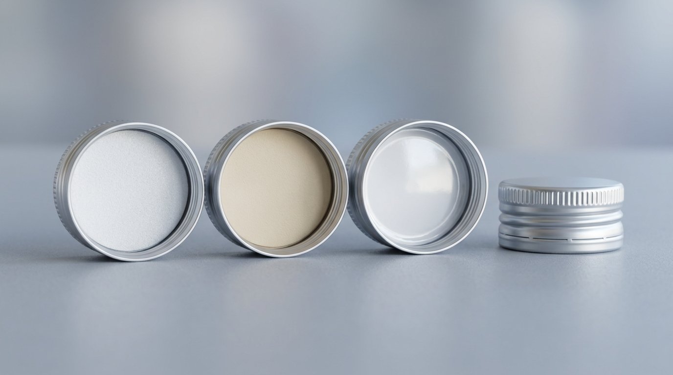 Inner sealing liners of aluminium pilfer-proof ROPP caps showing EPE foam, latex-faced and PVC-faced wads