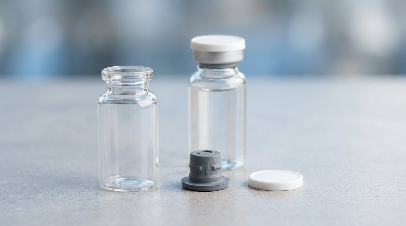 Primary packaging for vials: glass vial, rubber stopper and aluminium flip-off seal laid out beside an assembled sealed vial
