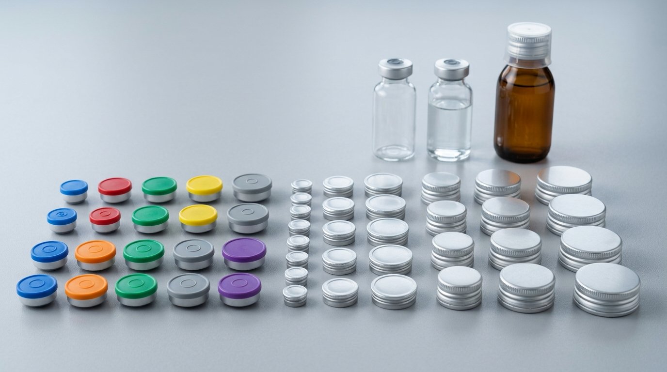Autofits vial seals and ROPP caps arranged by size, representing the full product catalogue