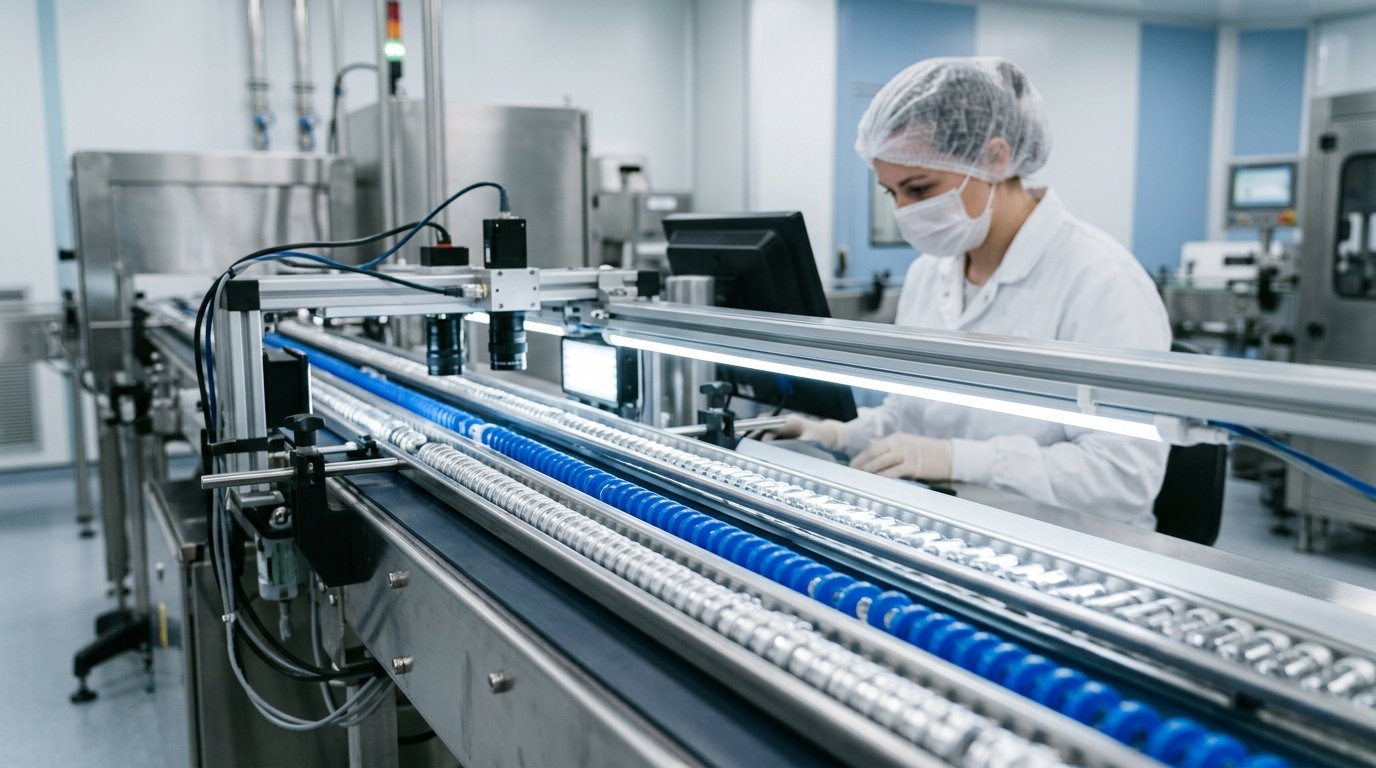 Vial seals passing camera inspection on a quality control line at the Autofits plant
