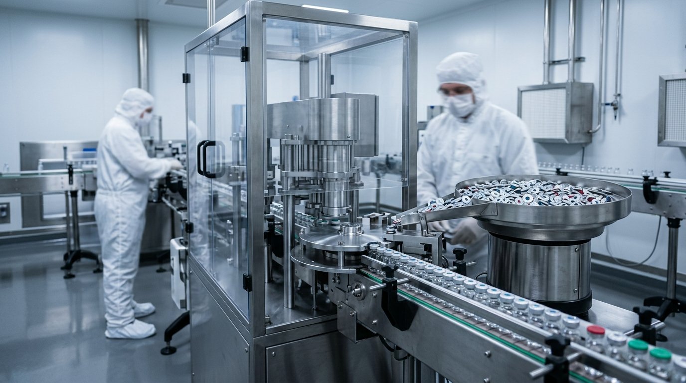 Cleanroom assembly of aluminium vial seals, representing the standards behind the Autofits compliance pack