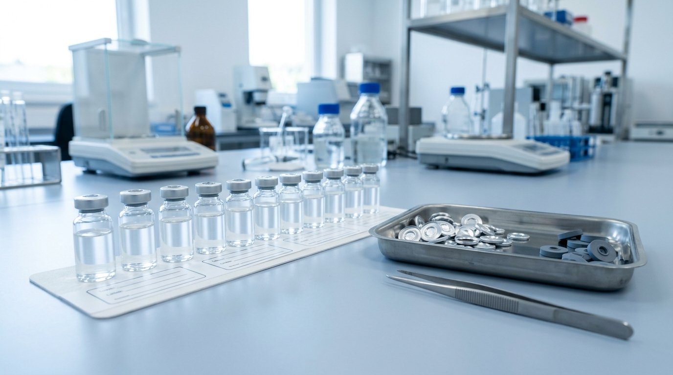 Sealed injection vials on a quality control bench, representing vial closure regulatory requirements