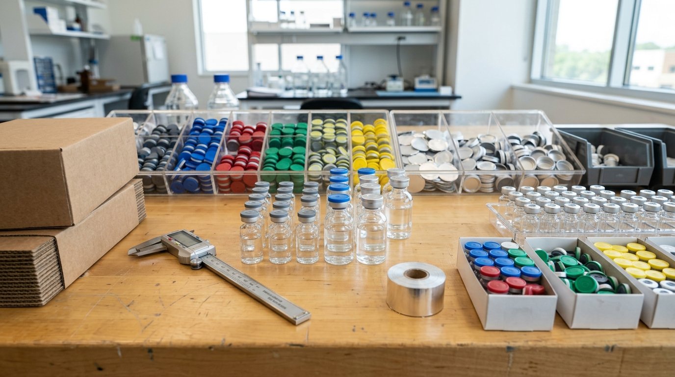 Vial seals, ROPP caps, stoppered vials and a caliper on a workbench, representing Autofits vial seal resources