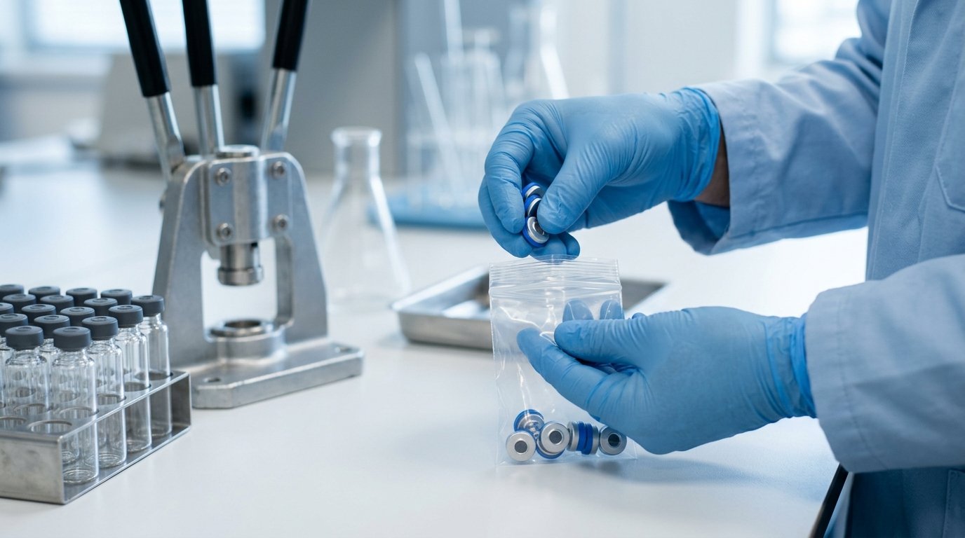 Gloved hands bagging flip-off vial seal samples next to stoppered vials and a hand crimper