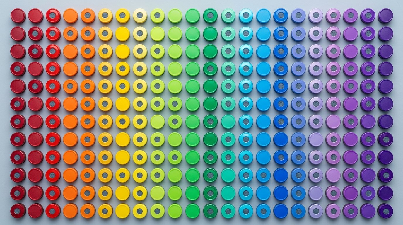 Flip-off vial seals in a gradient of colours, glossy and matte, laid out as a vial seal colour chart