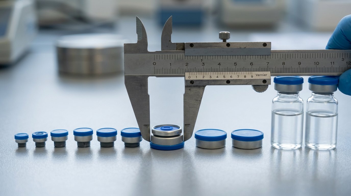Caliper measuring a vial seal, with seals from 13 mm to 34 mm lined up for the vial seal sizing guide