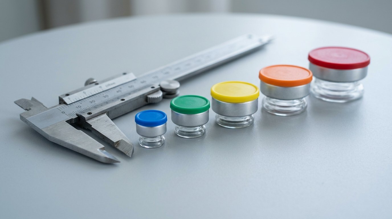 Flip-off vial seals in five sizes beside a caliper, for vial seal sizing questions