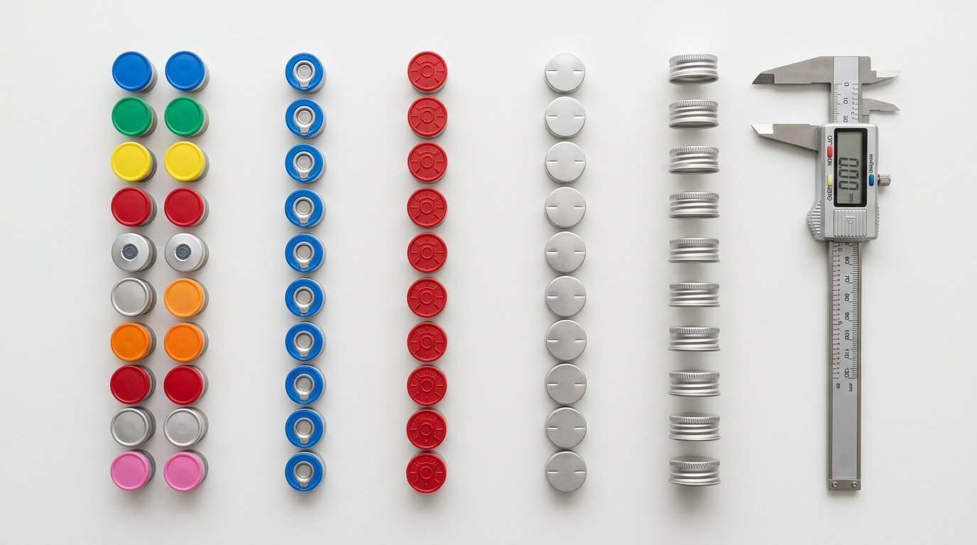 Autofits vial seal product lines laid out in columns for the technical datasheets