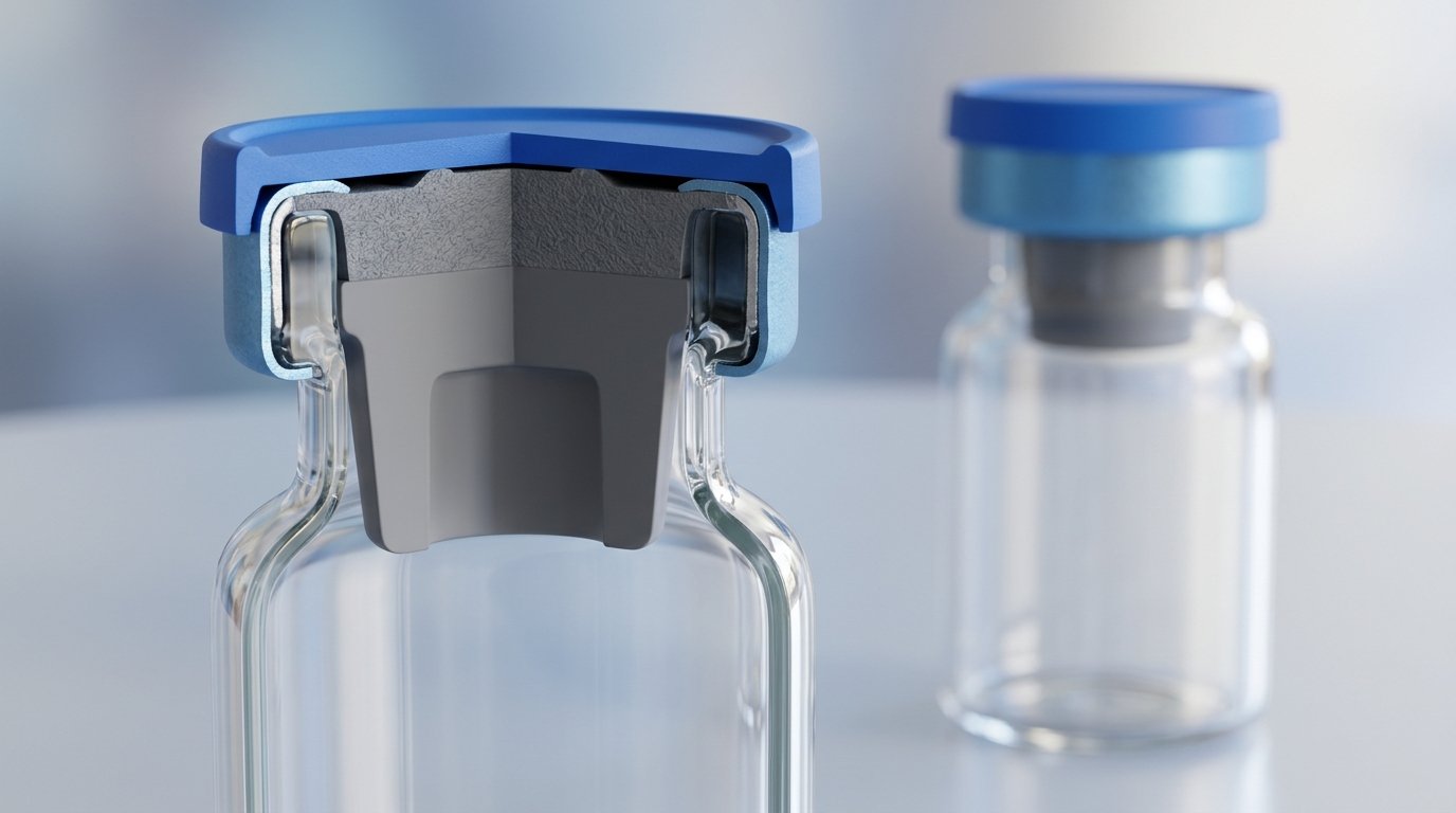 Vial closure in cross-section: rubber stopper seated in a glass vial neck with an aluminium flip-off seal crimped under the flange